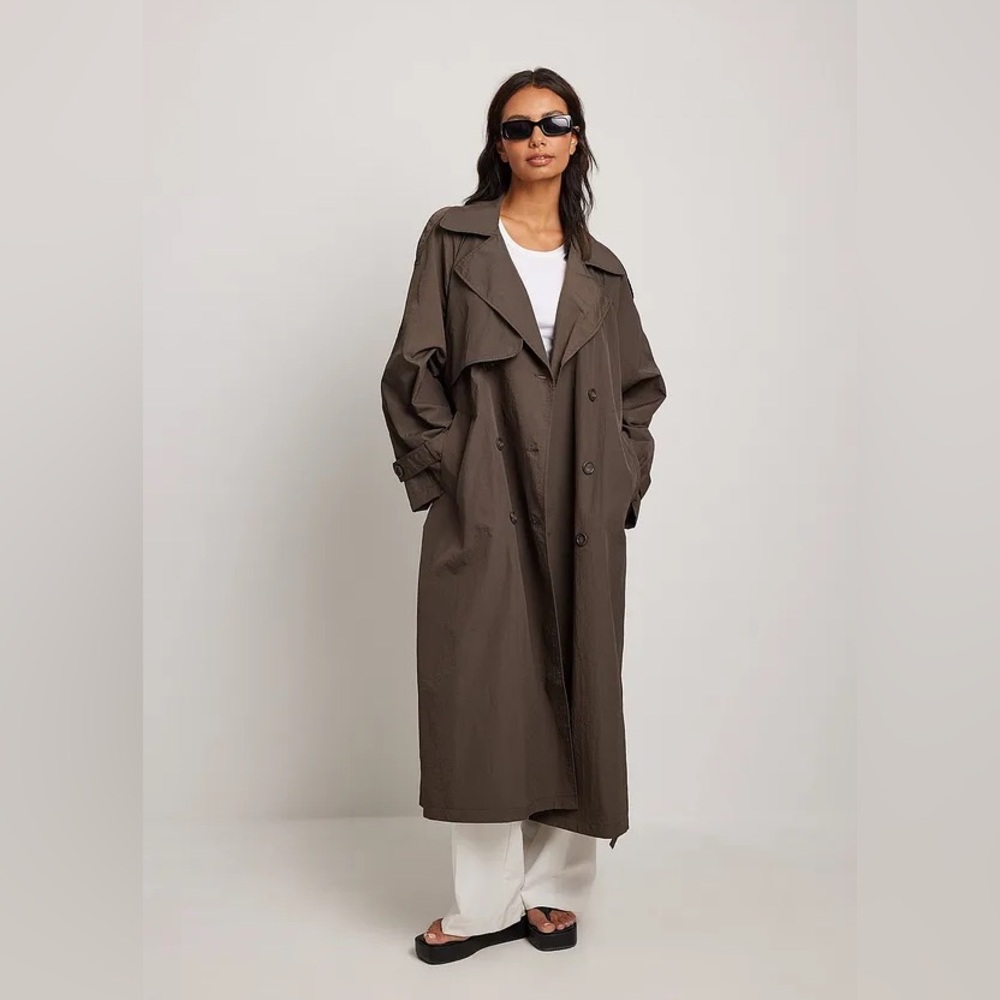 NA-KD Chocolate Brown Oversized Fluid Trench Coat Rain Jacket Euro 34 XS S - Picture 2 of 5